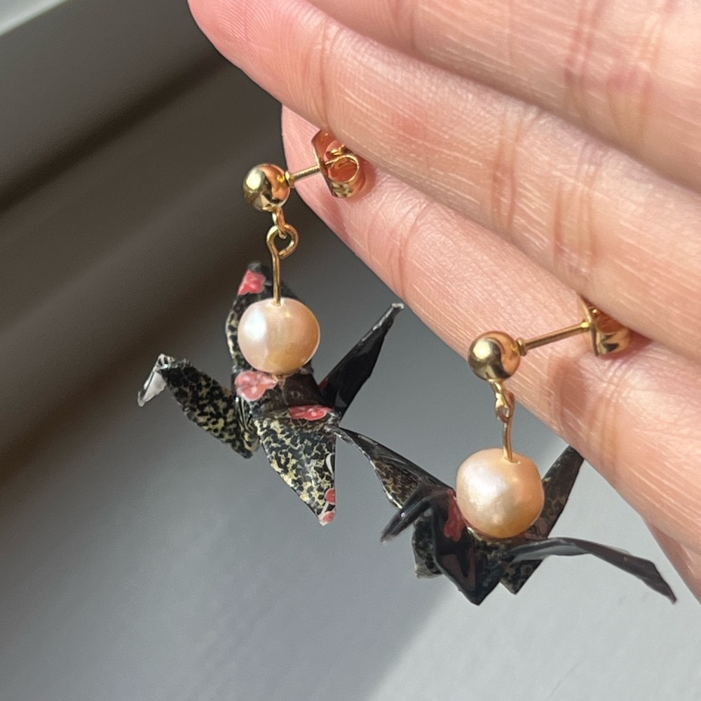 Elegant Origami Crane Earrings with Pearls
